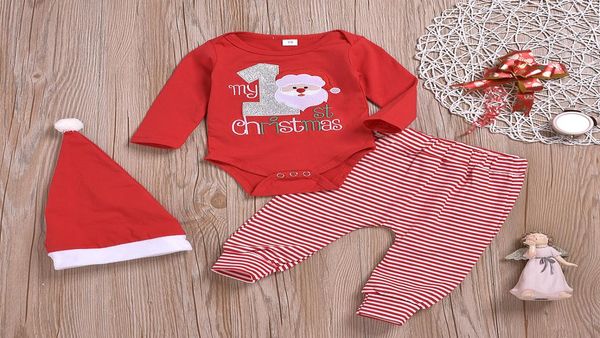 

baby boys girl clothing rompersstripe pantshat 3piece set red my first christmas cotton outfits clothes 024m4072226, White