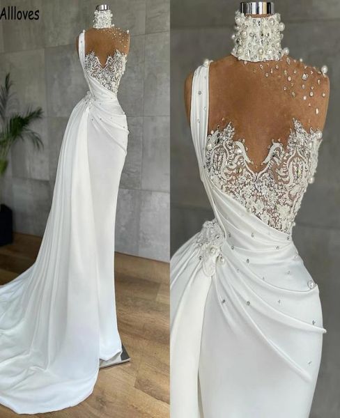

saudi arabia dubai mermaid wedding dresses with detachable train pearls lace applique beaded bridal gowns high neck modern robes d5400059, White