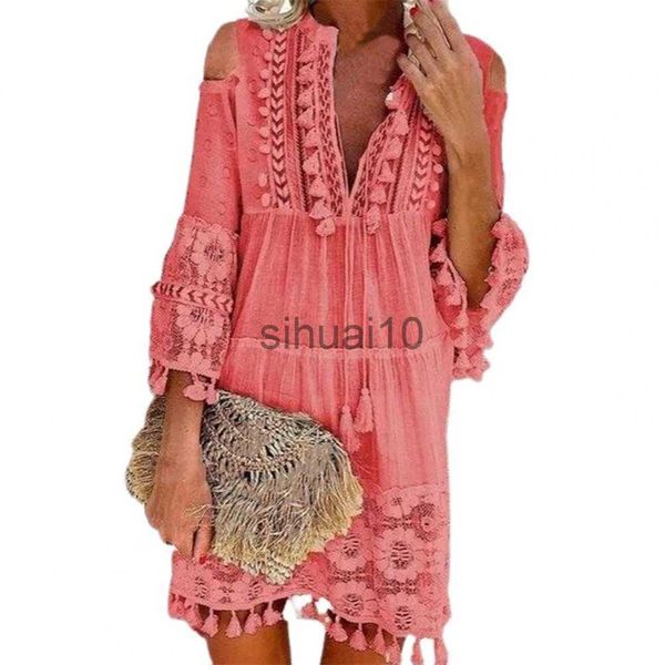 

casual dresses women's shift dress long sleeve tassel fringe lace robe strapless deep v-neck female summer casual boho vacation dresse, Black;gray