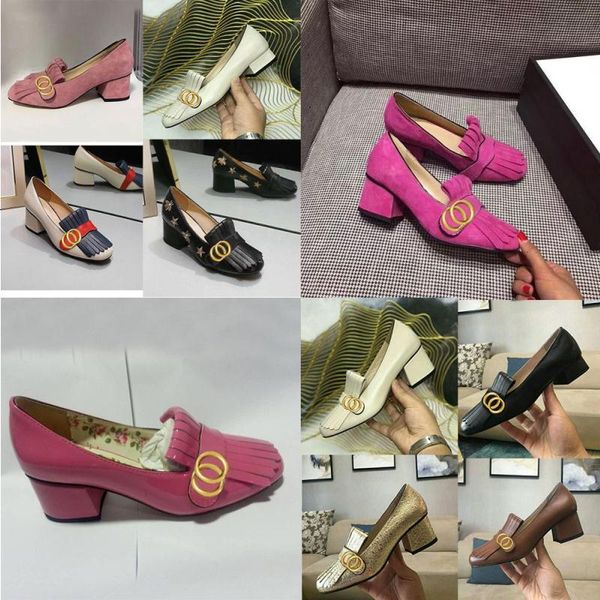 

2023 boat shoe designer shoes high heels women dress shoes classic mid heeled womens leather thick heel round head metal button 100% cowhid, Black