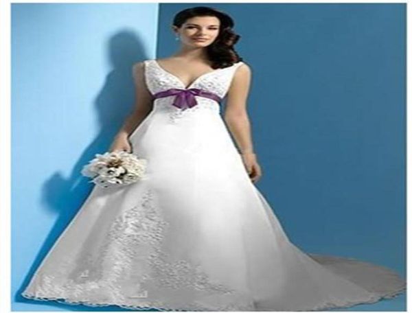 

selling white and purple satin a line wedding dresses new sash empire v neck appliques bow colorful bridal gowns sweep train 5344131