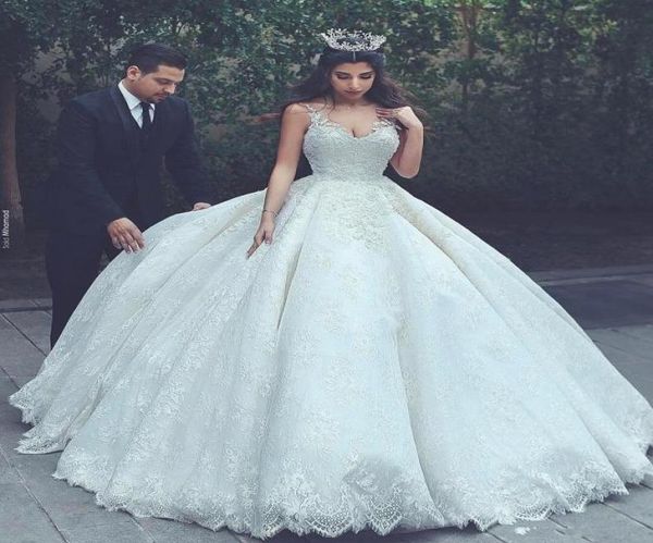 

arabic lace v neck ball gown wedding dresses spaghetti straps sheer neckline bohemian wedding gowns personalized zipper back brida1123543, White