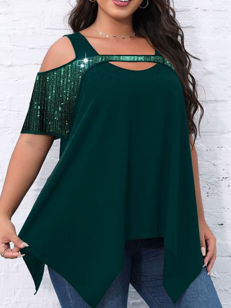 

women's plus size tshirt 4xl 5xl 6xl woman 2023 fashion short sleeve sequined patchwork chic and elegant blouse irregular tee shirt 23, Black
