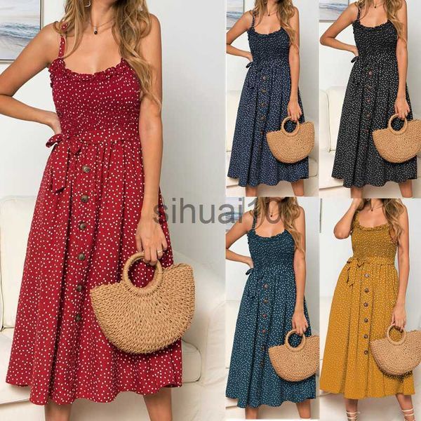 

casual dresses summer sleeveless slip dress women strapless bow button loose bandage pleated polka dot sundress casual backless vestidos j23, Black;gray