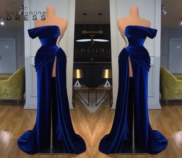 

chic royal blue offtheshoulder strapless evening dresses sheath high thigh split long prom party gowns with beaded waist vestido5796561, Black;red