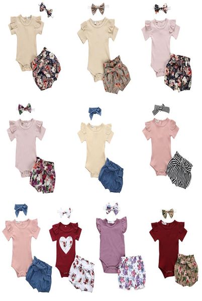 

13stylebaby clothes girls solid rompers bowknot headband floral shorts 3pcsset outfits kids jumpsuit flower shorts hairband s4896657, White