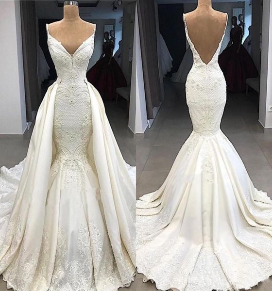 

luxurious v neck delicate mermaid wedding dress with detachable train stain lace plus size backless bridal gowns custom5187440, White