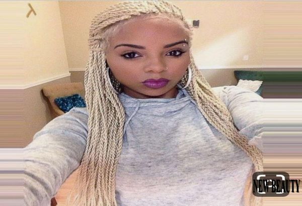 

200density full handmade perruque braided synthetic lace front wigs pure 613 platinum blonde wig senegalese braid wig with b6659190, Black