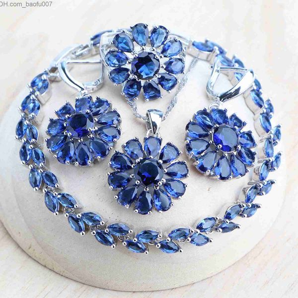 

charm 925 silver jewelry set women's wedding blue zircon earrings ring charm bracelet pendant necklace bridal jewelry women's set, Golden