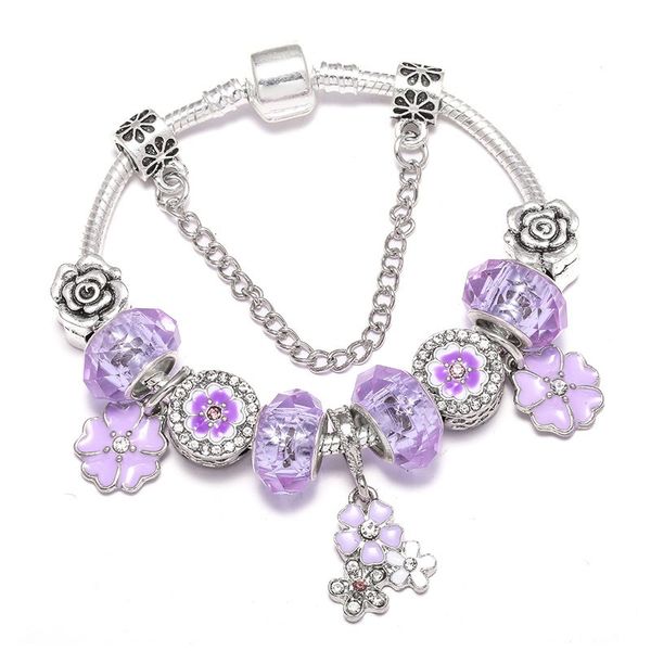 

fashion pandora style charm bracelet women purple crystal european charm beads five petals flower dangle fits pandora charm bracelets neckla, Golden;silver