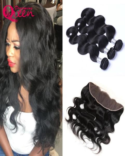 

peruvian human hair body wave human hair extensions 3 bundles with ear to ear lace frontals preplucked hair weave2379511, Black;brown
