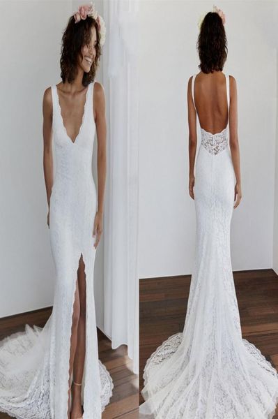 

beach mermaid wedding dresses 2022 vneck backless front slit full lace bohemian summer holiday bridal dress vestidos de novi5752883, White