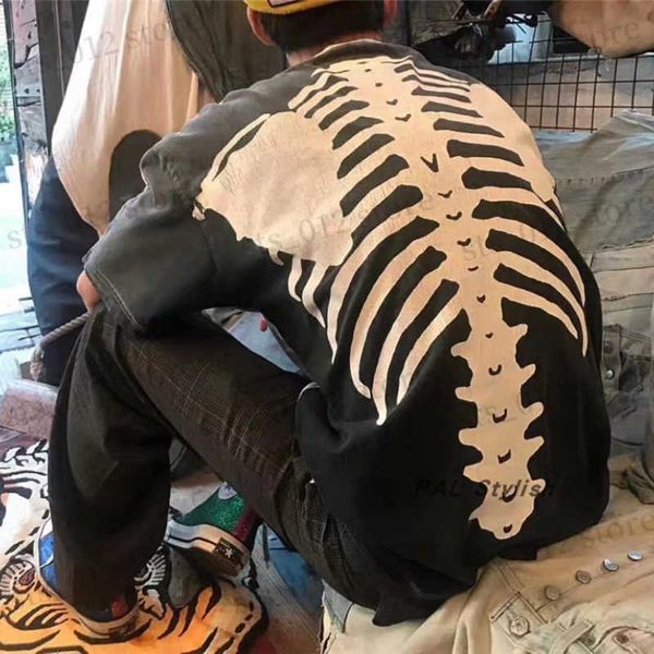 

men's t-shirts heavy fabric patchwork kapital t-shirt skeleton hip hop men streetwear women t shirt t230705, White;black