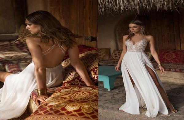 

berta aline high side split wedding dresses v neck lace appliques beaded vestios de novia backless wedding dress bridal gown4140709, White