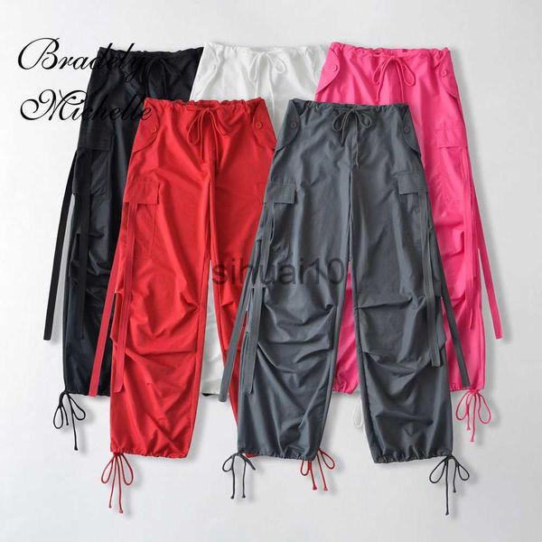 

women's pants capris 2022 women's spring and autumn vintage cargo long pants solid color pocket straight ribbon cargo pants j23070, Black;white