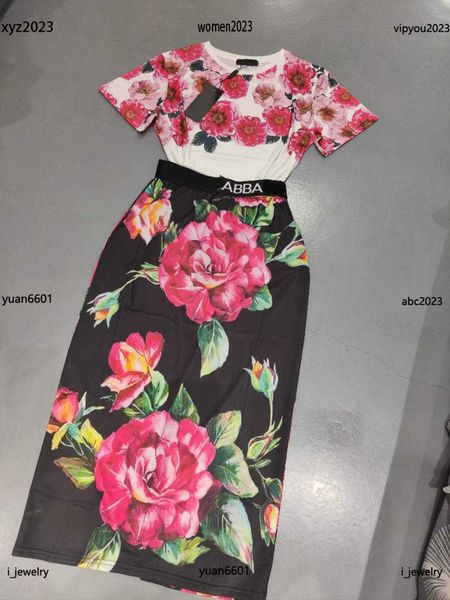 

womens designer clothing girl two piece dress size s-l red flower printed round neck t-shirt and letter woven long skirt july03, White