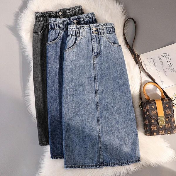 

dresses 2022 new arrival summer autumn korean style women casual straight midcalf skirt elastic waist cotton denim patchwork skirt p602, White;black