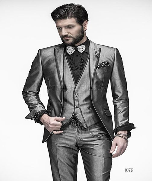 

groomsmen peak lapel groom tuxedos shiny silver grey men suits weddingprom man blazerbridegroom jacketpantsvest2161340, Black;gray