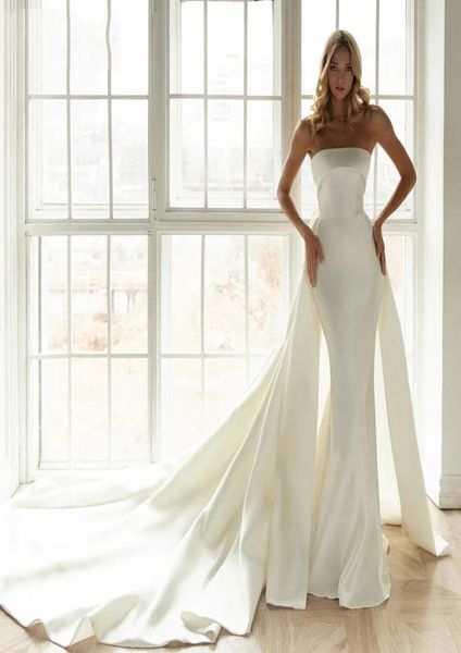 

elegant satin mermaid wedding dress with detachable train strapless floor length bride dresses vestido de noiva4435322, White