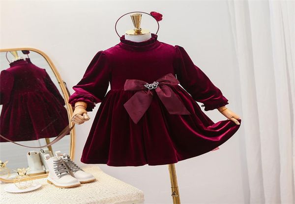 

sweet girls pleuche princess dress winter new children bows ruffle collar long sleeve velvet dress kids xmas thicken party dress a5722497, Red;yellow