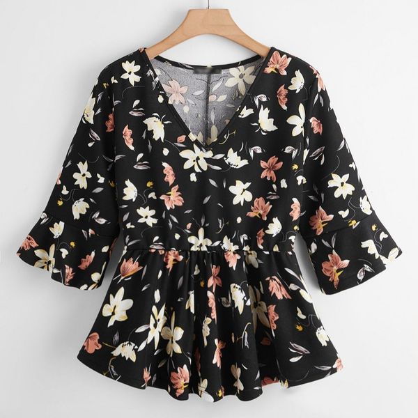 

women's plus size tshirt large 4xl summer 2023 women black floral print blouses half ruffles sleeve peplum curvy casual oversized tshi