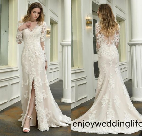 

mermaid wedding dresses v neck long sleeves floor bridal sweep train lace long split wedding dresses bridal gowns custom made cps18425392, White