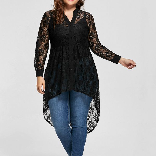 

women's plus size tshirt elegant lace ladies blouse long sleeve shirt perspective button up female large clothing 230705, Black