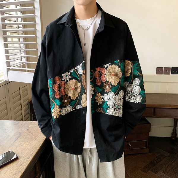 

mens casual shirts autumn vintage embroidered flower shirt cotton men casual japanese streetwear loose hiphop hawaiian clothes goth punk 5xl, White;black