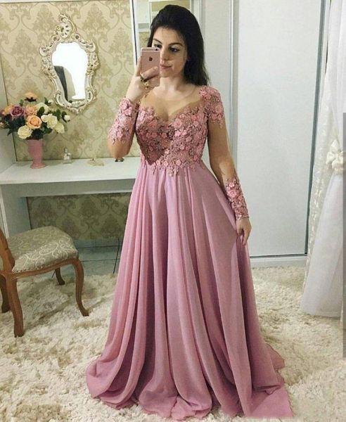

stunning lace dresses evening wear with long sleeves sheer jewel neck beaded prom gowns vestidos de fiesta sweep train chiffon for1792899, Black