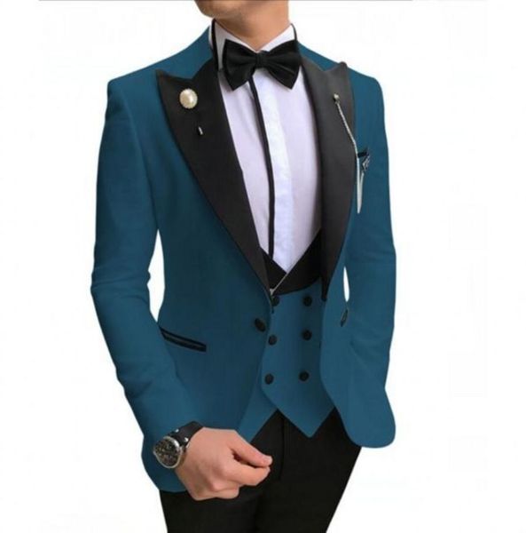 

brand new blue groom tuxedos black peak lapel groomsmen mens wedding dress style man jacket blazer 3 piece suit jacket pants vest 9637714, Black;gray