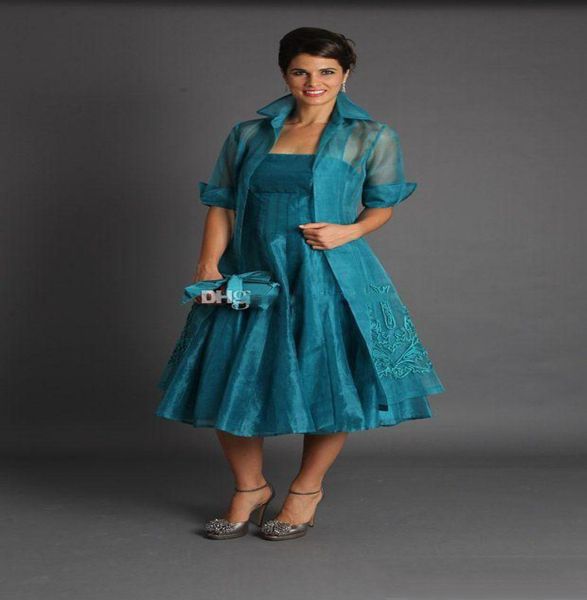

elegant mother of bride dresses with jacket long sleeves a line tea length prom evening party wears plus size9691162, Black;red
