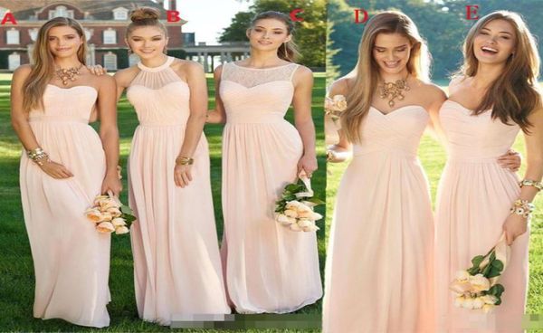 

pink navy long bridesmaid dresses 2020 mixed neckline flow chiffon summer blush bridesmaid formal prom dresses with ruffles hy1715372024, White;pink