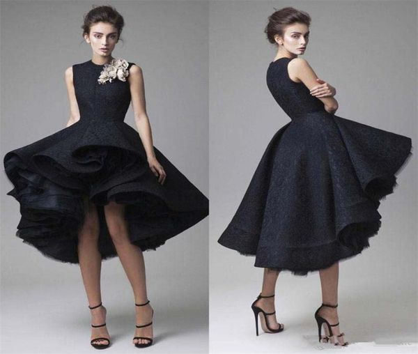 

new arabic high low black evening dresses jewel handmade flowers ruffles lace and tulle prom dress christmas formal cocktail party5502679, Black;red