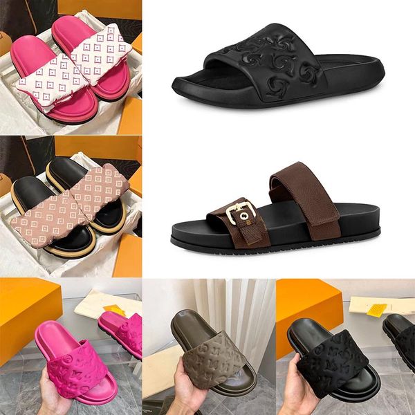 

slipper designer mens womens fluffy slippers platform pool pillow mules women sandals sunset flat comfort mules padded front strap house coa, Black