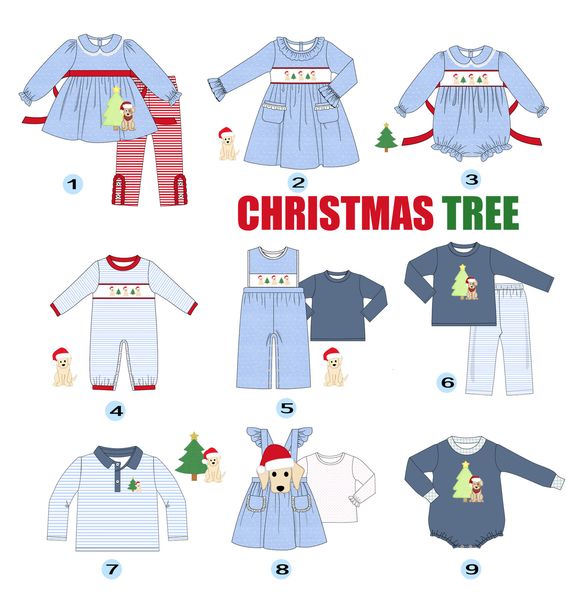 

jerseys baby boutique long sleeve t shirt round neck santa and puppy print girls romper with bow boy blue clothes lattice pants 230704