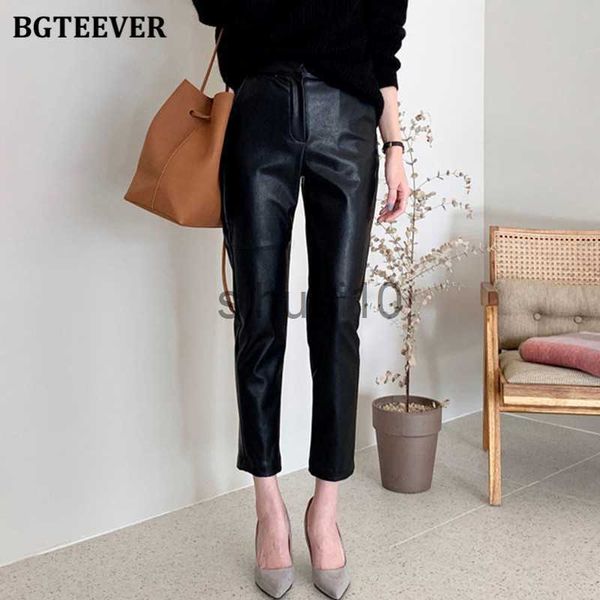 

women's pants capris bgteever miidi waist spliced loose leather pants women autumn solid zipper pu leather trousers women straight pant, Black;white