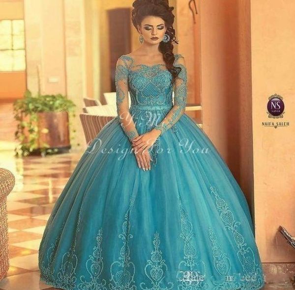 

turquoise crystal ball gown quinceanera dresses 2020 long sleeve bateau appliques beads vestidos de 15 anos prom party gowns for s4202625, Blue;red