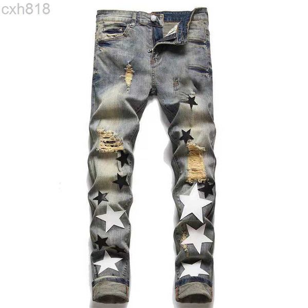 

european 2022 and american men's designer ripped jeans hip-hop high street fashion brand cycling motorcycle embroidery close-fitting sl, Blue