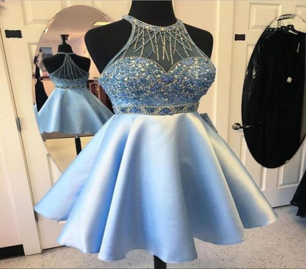 

blue satin sheer neck short homecoming dresses beads crystals formal party gowns open back 8th grade girl039s cocktail dress li8292184, Blue;pink