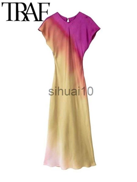 

casual dresses traf 2023 summer women casual vintage tie dye print short sleeve robe ladies a-line long dress fashion o neck female midi dre, Black;gray