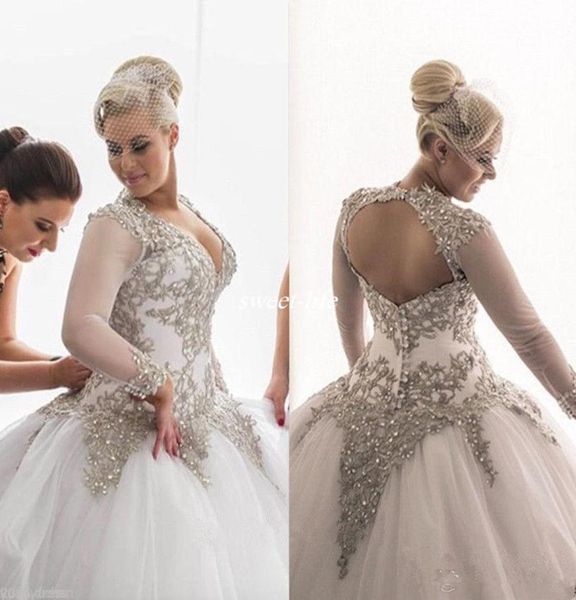 

modest long sleeves wedding dresses rhinestones crystals plunging beaded bridal dress backless sheer ball gown plus size wedding g2879521, White