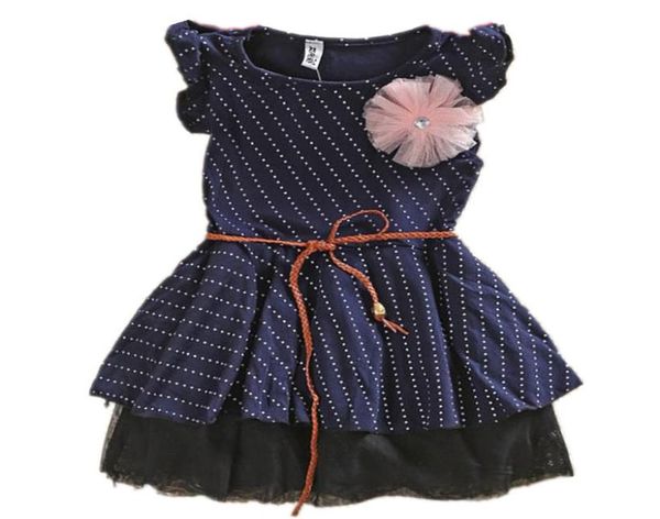 

girls dresses new fashion dark blue sleeveless dots stripe flower kids girl dress with belt summer8080319, Red;yellow