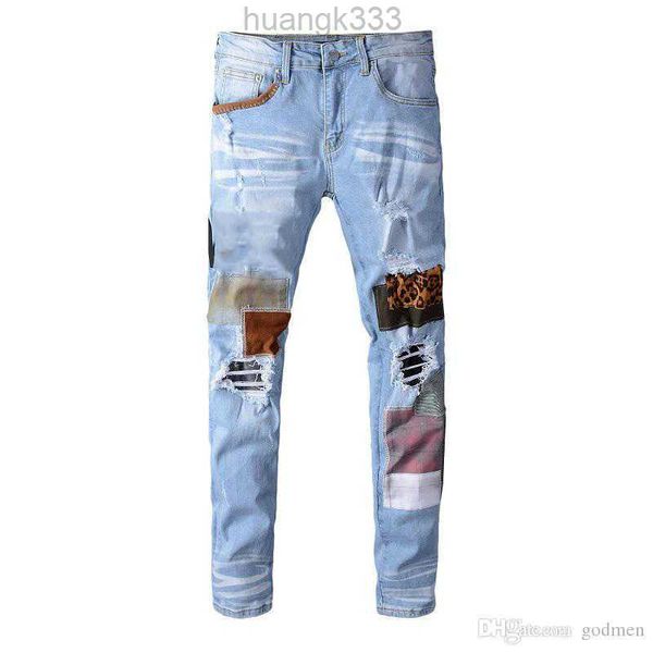 

jeans mens hip hop style luxury designer denim pant distressed ripped biker jean slim fit motorcycle men clothing size 28-40, Blue