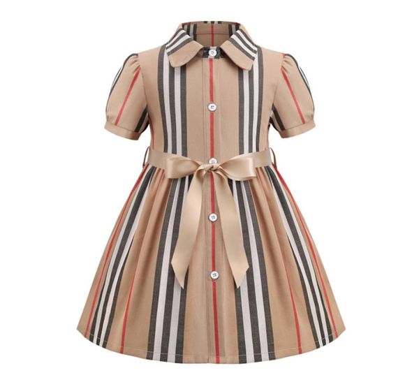 

designer summer girls doll lapel lattice dresses children belt short sleeve plaid pleated dress kids cotton clothing a75775852554, Red;yellow