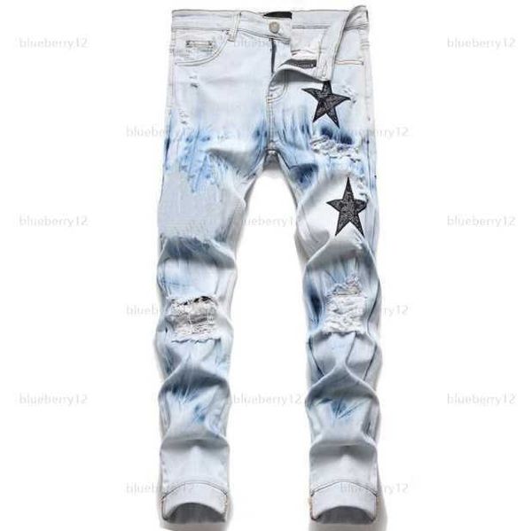 

men's jeans european jean hombre letter star men embroidery patchwork ripped for trend brand motorcycle pant mens skinny, Blue
