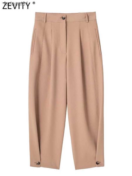 

zevity 2023 women fashion hem pleat button design casual harem pants female zipper fly ankle length trousers mujer p3918 l230621, Black;white