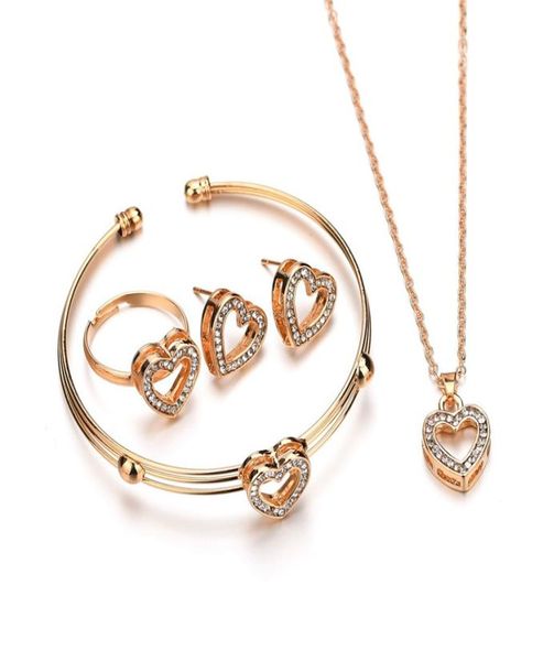 

4 pcs cute heart shaped bracelet neclace earrings sets jewelry crystal kid children lovely gold color jewelry sets for girl3965547, Red;brown