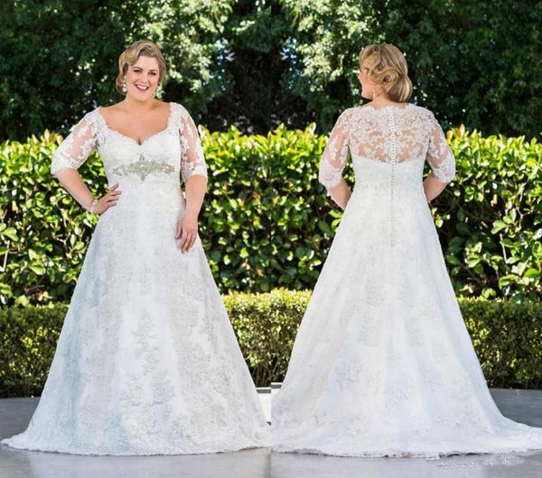 

2020 new plus size a line lace wedding dresses with half sleeves new arrival sheer long princess bridal gowns winter crystal appli7076611, White