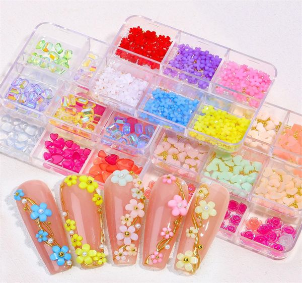 

6 grids 3d acrylic flower nail art decorations mixed florets charms jewelry color changed gem beads diy nails accessories4653783, Silver;gold