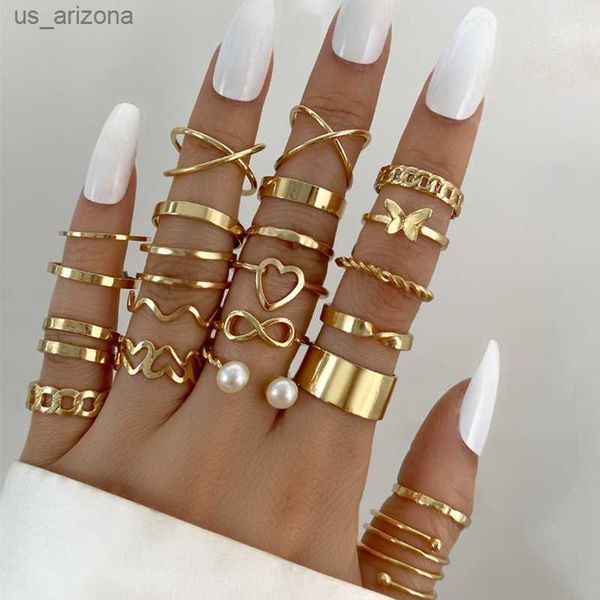 

modyle boho gold color heart rings set for women vintage geometric cross pearl butterfly finger rings female trendy jewelry gift l230620, Silver